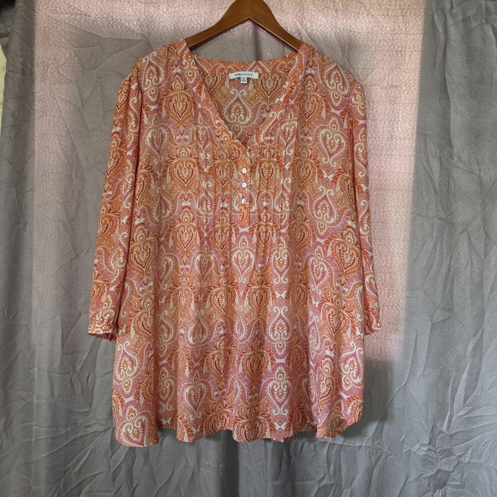 Rose + Olive Blouse Womens Plus 3X Orange V Neck 3/4 Sleeve Paisley Tunic Top